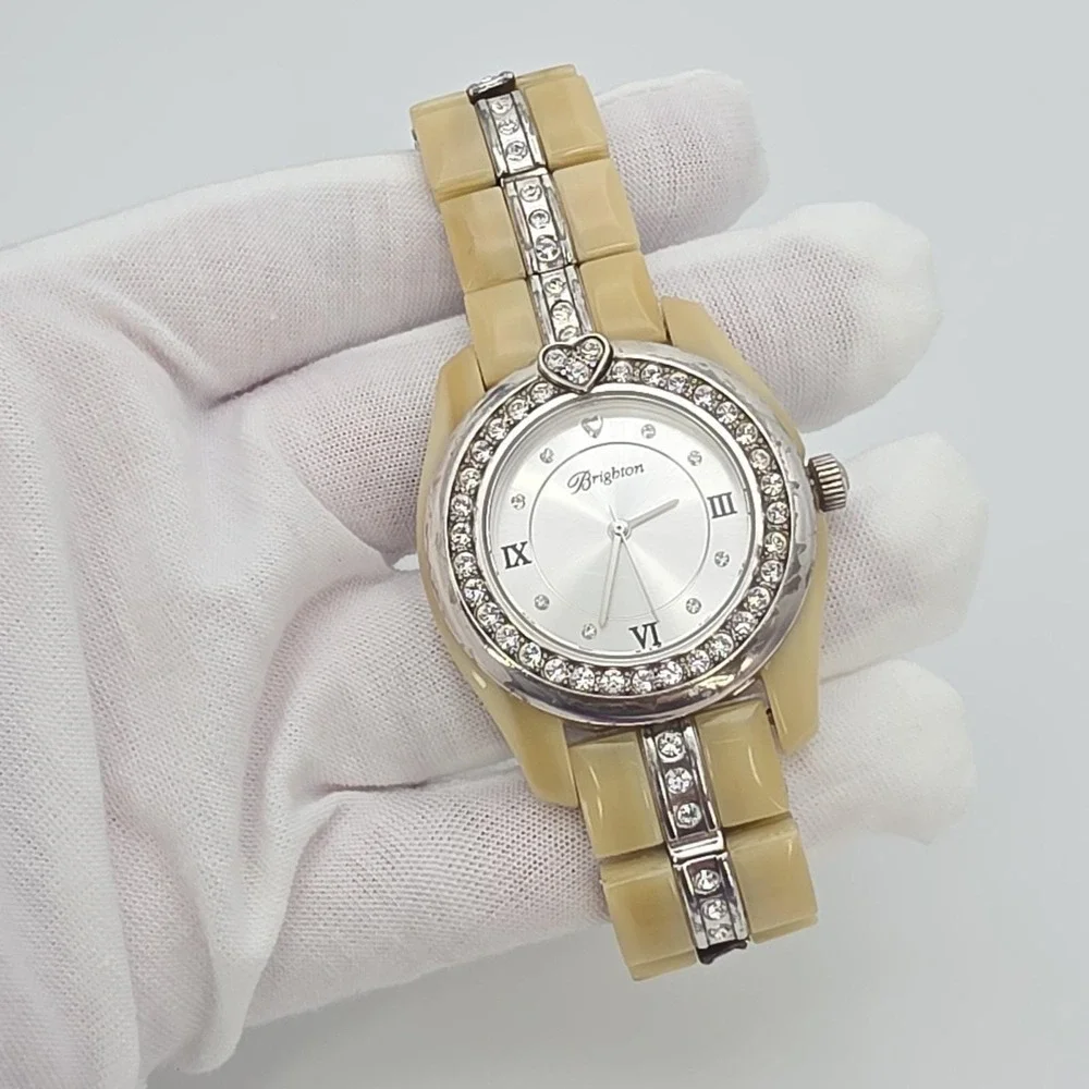 BRIGHTON 'Dana Point' Watch Beige Resin Band Crystal Accents Silver Plate